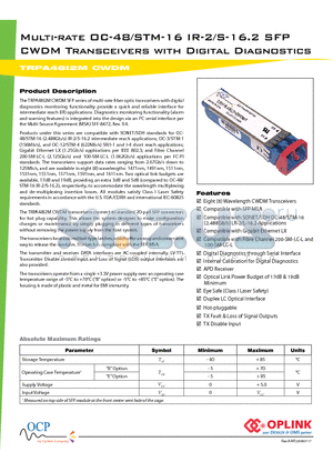 TRPA48I2MCWDM datasheet - Multi-rate OC-48/STM-16 IR-2/S-16.2 SFP CWDM Transceivers with Digital Diagnostics