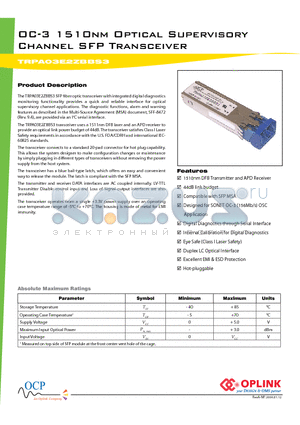 TRPA03E2ZBBS3 datasheet - OC-3 1510nm Optical Supervisory Channel SFP Transceiver