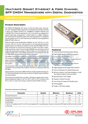 TRPAG1YXHANM8 datasheet - Multi-rate Gigabit Ethernet & Fibre Channel SFP CWDM Transceivers with Digital Diagnostics