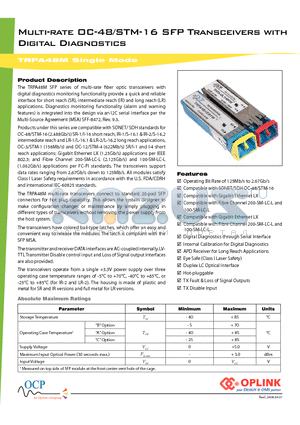 TRPA48M datasheet - Multi-rate OC-48/STM-16 SFP Transceivers with Digital Diagnostics