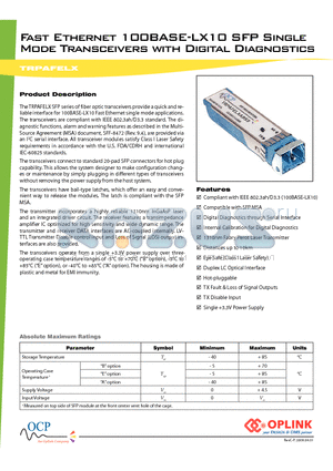 TRPAFELXAASS datasheet - Fast Ethernet 100BASE-LX10 SFP Single Mode Transceivers with Digital Diagnostics