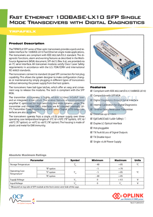 TRPAFELXAESS datasheet - Fast Ethernet 100BASE-LX10 SFP Single Mode Transceivers with Digital Diagnostics