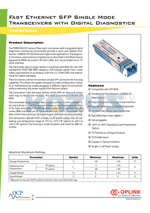 TRPAFESM datasheet - Fast Ethernet SFP Single Mode Transceivers with Digital Diagnostics