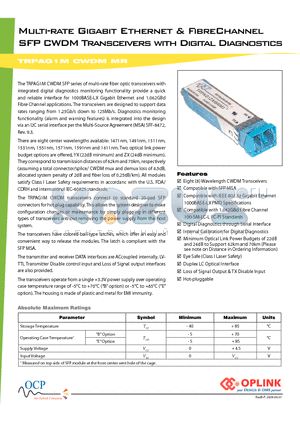TRPAG1YXHBGM4 datasheet - Multi-rate Gigabit Ethernet & FibreChannel SFP CWDM Transceivers with Digital Diagnostics