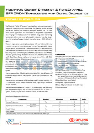 TRPAG1YXHENM8 datasheet - Multi-rate Gigabit Ethernet & FibreChannel SFP CWDM Transceivers with Digital Diagnostics