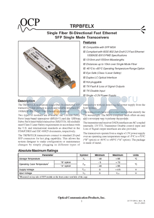 TRPBFELXTBOSH datasheet - Single Fiber Bi-Directional Fast Ethernet SFP Single Mode Transceivers