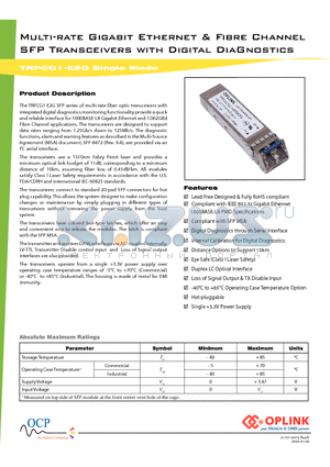 TRPCG1CLXC000E2G datasheet - Multi-rate Gigabit Ethernet & Fibre Channel SFP Transceivers with Digital DiaGnostics