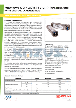 TRPE48CS1E000E2 datasheet - Multi-rate OC-48/STM-16 SFP Transceivers with Digital Diagnostics