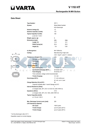 V110HT datasheet - Rechargeable Ni-MH Button