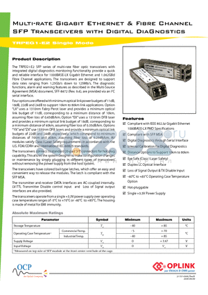 TRPEG1EEXI000E2 datasheet - Multi-rate Gigabit Ethernet & Fibre Channel SFP Transceivers with Digital DiaGnostics