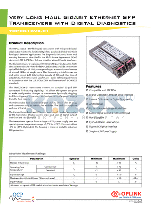 TRPEG1KVXE000E1 datasheet - Very Long Haul Gigabit Ethernet SFP Transceivers with Digital Diagnostics