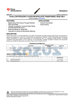 TRPGR30TGC datasheet - 12-mm LOW-FREQUENCY GLASS-ENCAPSULATED TRANSPONDER, READ ONLY