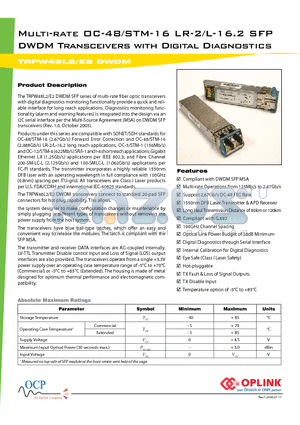 TRPW48E2 datasheet - Multi-rate OC-48/STM-16 LR-2/L-16.2 SFP DWDM Transceivers with Digital Diagnostics