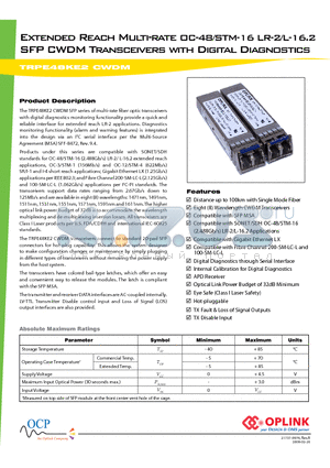 TRPE48KE2C00050 datasheet - Extended Reach Multi-rate OC-48/STM-16 LR-2/L-16.2 SFP CWDM Transceivers with Digital Diagnostics
