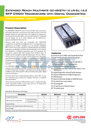 TRPE48KE2E00070 datasheet - Extended Reach Multi-rate OC-48/STM-16 LR-2/L-16.2 SFP CWDM Transceivers with Digital Diagnostics