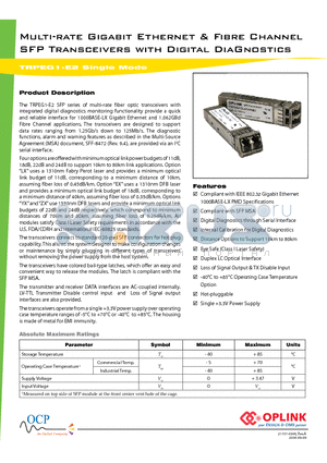 TRPEG1CLXC000E2 datasheet - Multi-rate Gigabit Ethernet & Fibre Channel SFP Transceivers with Digital DiaGnostics