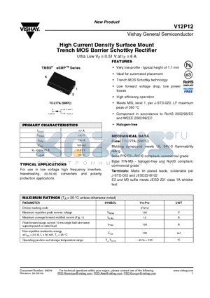 V12P12 datasheet - High Current Density Surface Mount Trench MOS Barrier Schottky Rectifier