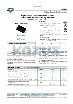 V12P12 datasheet - High Current Density Surface Mount Trench MOS Barrier Schottky Rectifier