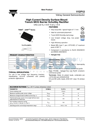 V12P12-M3/86A datasheet - High Current Density Surface Mount Trench MOS Barrier Schottky Rectifier