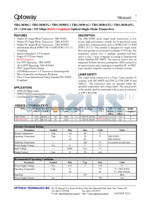 TRS-3030G datasheet - 5V / 1310 nm / 155 Mbps RoHS Compliant Optical Single-Mode Transceiver