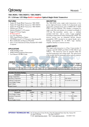 TRS-3020G datasheet - 5V / 1310 nm / 155 Mbps RoHS Compliant Optical Single-Mode Transceiver