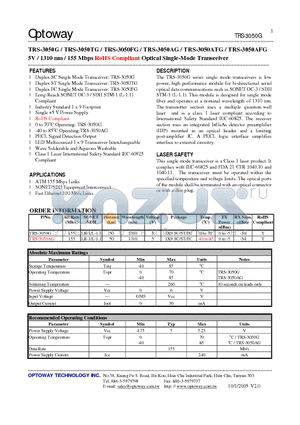 TRS-3050G datasheet - 5V / 1310 nm / 155 Mbps RoHS Compliant Optical Single-Mode Transceiver