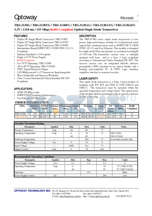 TRS-3130AG datasheet - 3.3V / 1310 nm / 155 Mbps RoHS Compliant Optical Single-Mode Transceiver