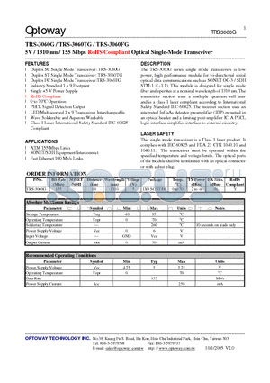 TRS-3060G datasheet - 5V / 1310 nm / 155 Mbps RoHS Compliant Optical Single-Mode Transceiver