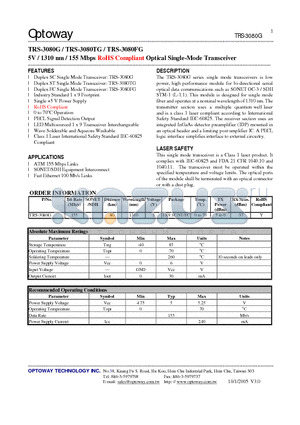 TRS-3080G datasheet - 5V / 1310 nm / 155 Mbps RoHS Compliant Optical Single-Mode Transceiver