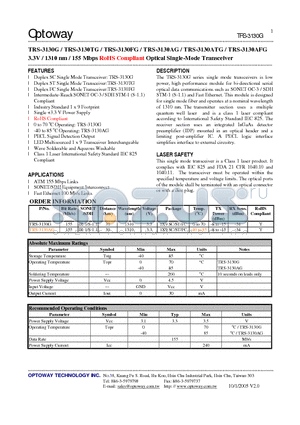 TRS-3130G datasheet - 3.3V / 1310 nm / 155 Mbps RoHS Compliant Optical Single-Mode Transceiver