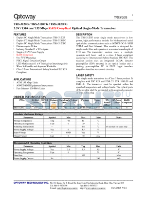 TRS-3120G datasheet - 3.3V / 1310 nm / 155 Mbps RoHS Compliant Optical Single-Mode Transceiver