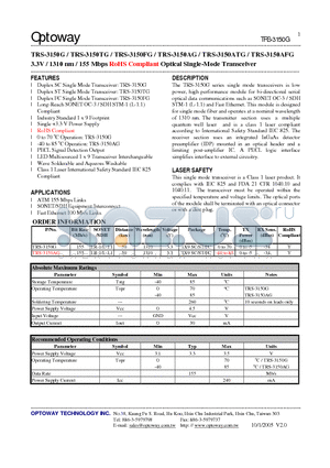 TRS-3150AG datasheet - 3.3V / 1310 nm / 155 Mbps RoHS Compliant Optical Single-Mode Transceiver