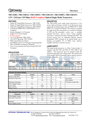 TRS-3160ATG datasheet - 3.3V / 1310 nm / 155 Mbps RoHS Compliant Optical Single-Mode Transceiver