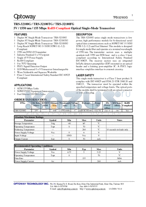 TRS-32100G datasheet - 5V / 1550 nm / 155 Mbps RoHS Compliant Optical Single-Mode Transceiver