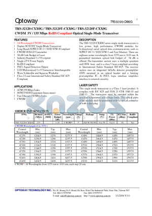 TRS-32120-CXX0G datasheet - CWDM 5V / 155 Mbps RoHS Compliant Optical Single-Mode Transceiver