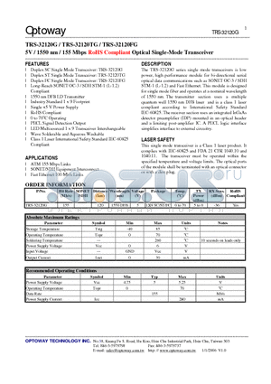 TRS-32120G datasheet - 5V / 1550 nm / 155 Mbps RoHS Compliant Optical Single-Mode Transceiver