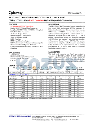 TRS-32100-CXX0G datasheet - CWDM 5V / 155 Mbps RoHS Compliant Optical Single-Mode Transceiver