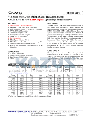 TRS-33100-CXX0G datasheet - CWDM 3.3V / 155 Mbps RoHS Compliant Optical Single-Mode Transceiver