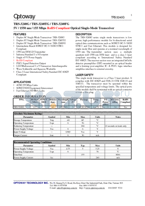 TRS-3240G datasheet - 5V / 1550 nm / 155 Mbps RoHS Compliant Optical Single-Mode Transceiver