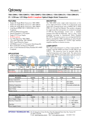 TRS-3280AG datasheet - 5V / 1550 nm / 155 Mbps RoHS Compliant Optical Single-Mode Transceiver