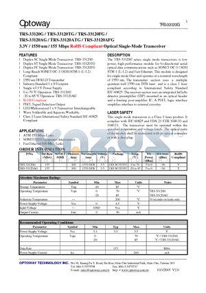 TRS-33120AG datasheet - 3.3V / 1550 nm / 155 Mbps RoHS Compliant Optical Single-Mode Transceiver