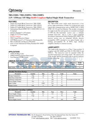 TRS-3320G datasheet - 3.3V / 1550 nm / 155 Mbps RoHS Compliant Optical Single-Mode Transceiver