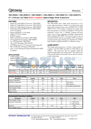 TRS-5020AG datasheet - 5V / 1310 nm / 622 Mbps RoHS Compliant Optical Single-Mode Transceiver