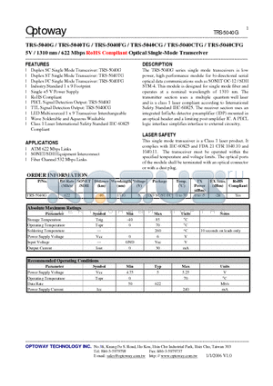 TRS-5040G datasheet - 5V / 1310 nm / 622 Mbps RoHS Compliant Optical Single-Mode Transceiver