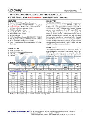 TRS-52120-CXX0G datasheet - CWDM 5V / 622 Mbps RoHS Compliant Optical Single-Mode Transceiver