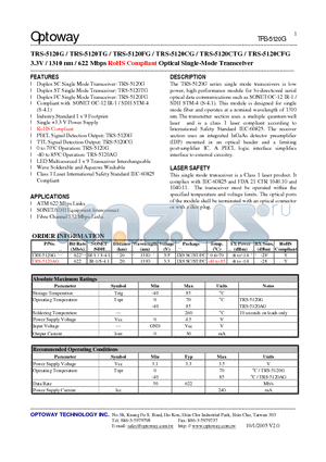 TRS-5120AG datasheet - 3.3V / 1310 nm / 622 Mbps RoHS Compliant Optical Single-Mode Transceiver