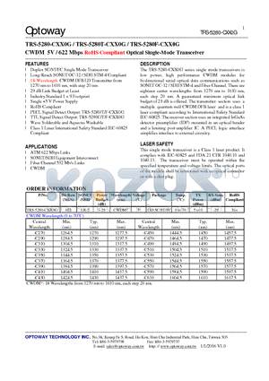 TRS-5280-CXX0G datasheet - CWDM 5V / 622 Mbps RoHS Compliant Optical Single-Mode Transceiver