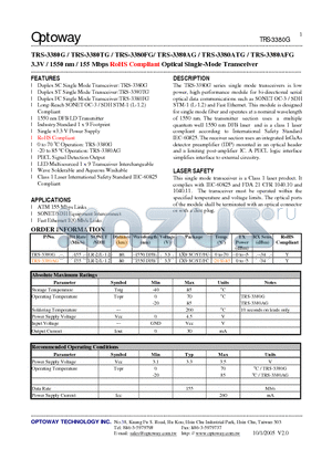 TRS-3380AG datasheet - 3.3V / 1550 nm / 155 Mbps RoHS Compliant Optical Single-Mode Transceiver