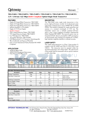 TRS-5140AG datasheet - 3.3V / 1310 nm / 622 Mbps RoHS Compliant Optical Single-Mode Transceiver