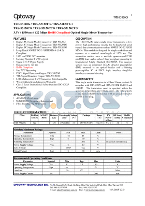 TRS-53120G datasheet - 3.3V / 1550 nm / 622 Mbps RoHS Compliant Optical Single-Mode Transceiver